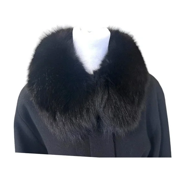 Genuine Fox Fur Collar Trench Coat Jacket Size 12 100% Wool Black Finland​​​​​